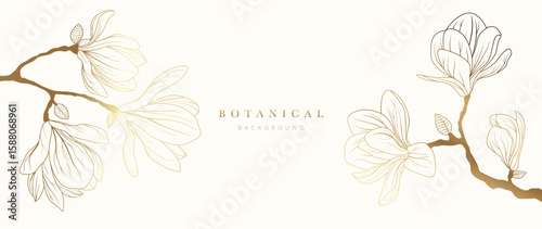 Gold Flower hand drawn on white background vector. Natural botanical elegant magnolia floral with line art. Luxury illustration for decoration, wall decor, wallpaper, cover, banner, package, card.