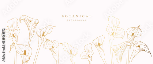 Gold Calla Lily Line Art Vector on White Background. Elegant Botanical Anthurium Floral for Wall Art, Invitation, Banner, and Luxury Decor.
