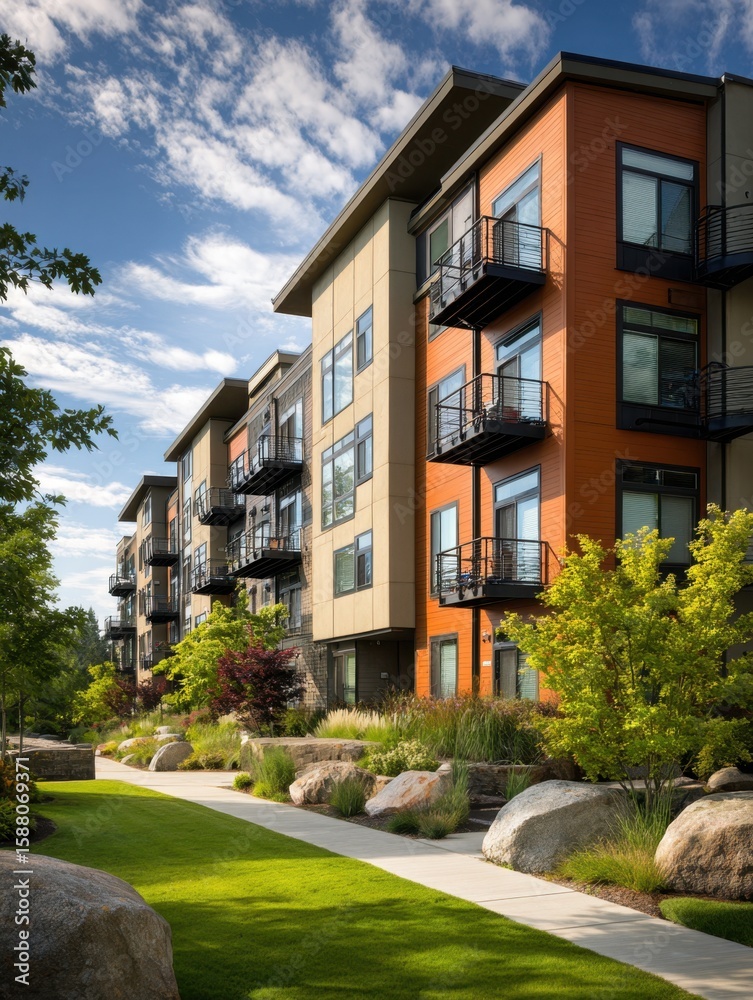 Naklejka premium Modern apartment complex exterior urban setting real estate photography lush landscape daytime contemporary design