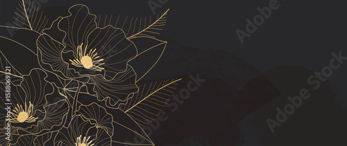 Gold Flower hand drawn on dark background vector. Natural botanical elegant floral with gold line art. Luxury illustration for decoration, wall decor, wallpaper, cover, banner, package, card.