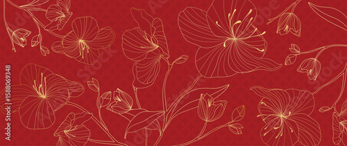 Gold Floral Line Art on Red Background. Luxury Botanical Vector Pattern for Chinese New Year, Wedding Invitation, Packaging, Wall Decor, and Elegant Celebration Design