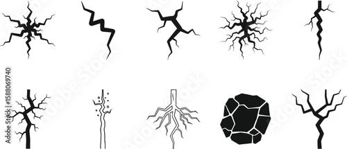 Diverse vector crack set displaying various fracture forms for design and overlays.
