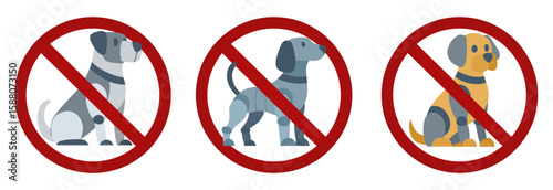 Vector collection of prohibition signs with robots dog various breed. Collection of forbidden stickers with cybernetic puppies. Do not touch or pet robots