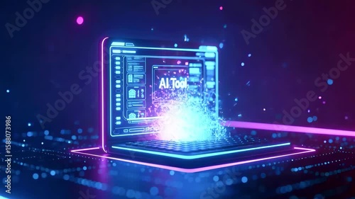 Futuristic laptop displaying AI tool interface with vibrant digital particles in a tech-inspired background