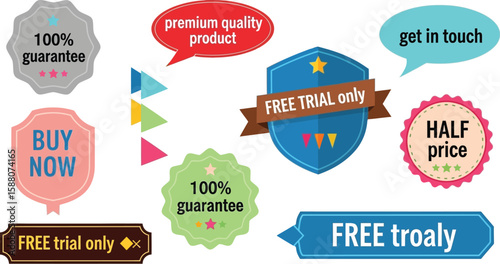 Assorted colorful promotional badges and sale labels for marketing purposes