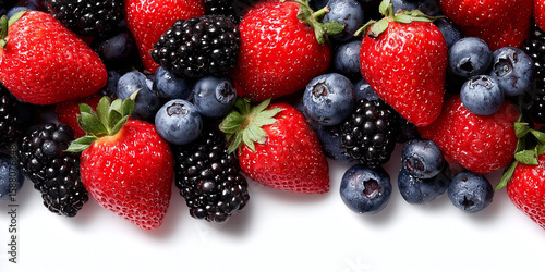 Verschiedene frische Beeren mit Erdbeeren, Blaubeeren und Brombeeren, Draufsicht isoliert auf weißem Hintergrund