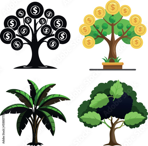 Vector art of illustrations of money trees symbolize financial growth and investment opportunities, representing wealth and success