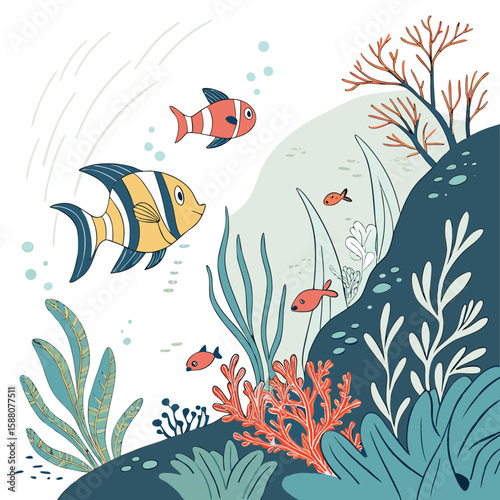 Fish swimming in water with underwater world map and floral nature pattern