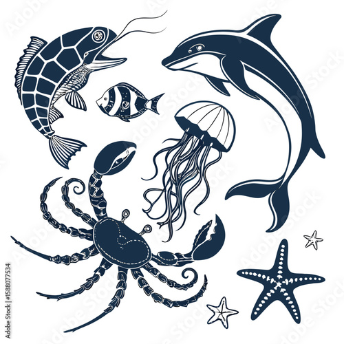 Set of marine animals vector illustration with fish dolphin shark underwater ocean icons