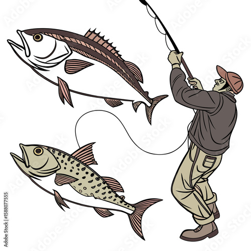 Vector illustration of fishing bait fishing rod and fish cartoon aquatic ocean animal design