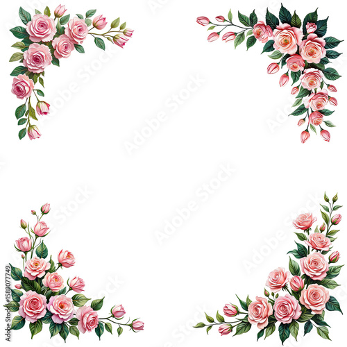 Pink Flowers Floral border and frames. Illustration in oil painting style. Graphical resources for making artistic craft, junk journals and printed material 