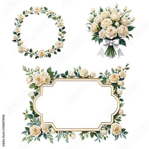 White Flowers Floral border and frames. Illustration in oil painting style. Graphical resources for making artistic craft, junk journals and printed material 