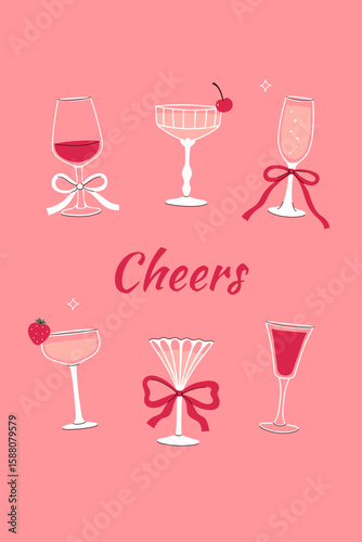 Set of different glasses with alcoholic drinks and bows. Vector graphics.