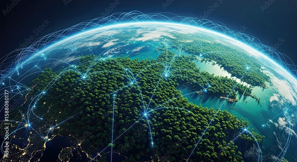 Obraz premium Digital Planet Connected by Glowing Virtual Network Lines