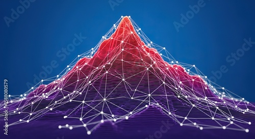 Abstract network graph overlaying a vibrant red and purple topographic landscape against a deep blue background