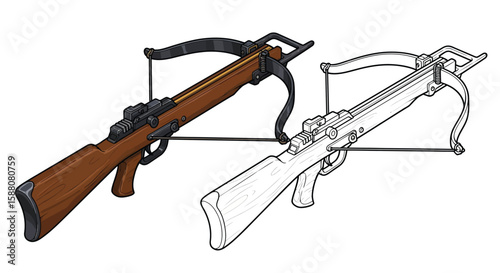 Ancient Handheld Repeating Crossbow Coloring Page with Dual Outline and Colored Versions