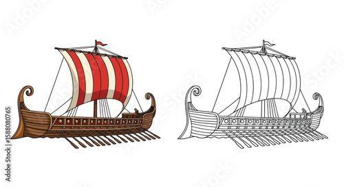 Ancient Greek Trireme Ship Coloring Page for Kids Dual Colored and Outline Views