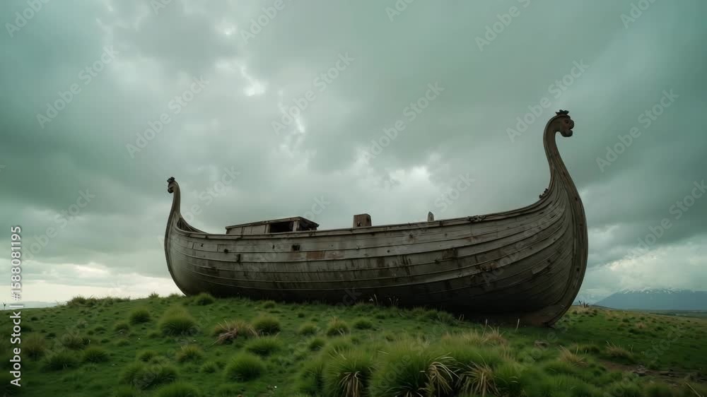 Viking ship resting on grassy hill under cloudy sky  