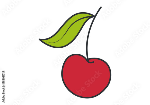 Cereza roja con una hoja verde