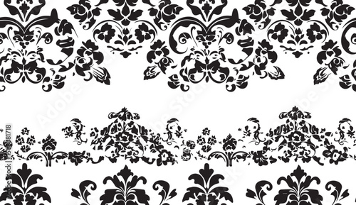 Black and white seamless floral vintage pattern with ornate damask design and swirling leaves