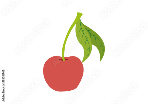Cereza roja con una hoja verde