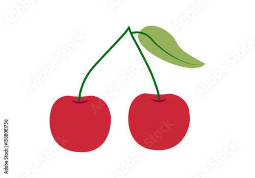 Dos cerezas rojas con una hoja verde