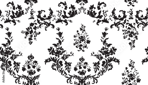 Black and white seamless floral pattern with vintage ornamental design and butterfly elements