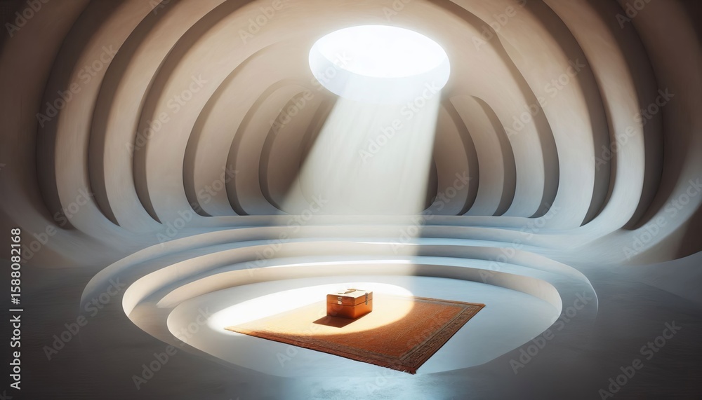 Fototapeta premium Minimalist prayer room curved white adobe walls single rectangul