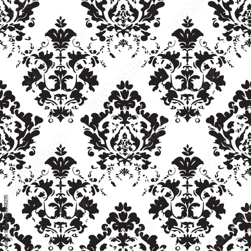 Black and white seamless damask floral pattern with vintage ornamental design