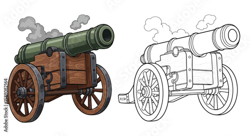 Ancient Portable Cannon Cart Coloring Page with Colored and Outline Weaponry Design
