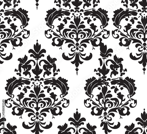 Black and white seamless floral pattern with vintage ornate design and decorative elements