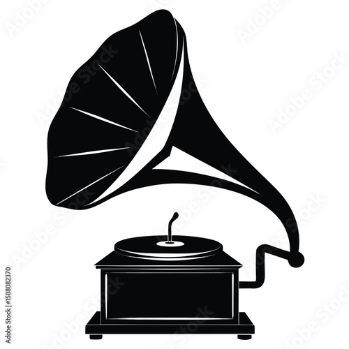A sleek black silhouette of a gramophone, symbolizing vintage music, classic entertainment, and retro style, on a plain white background.