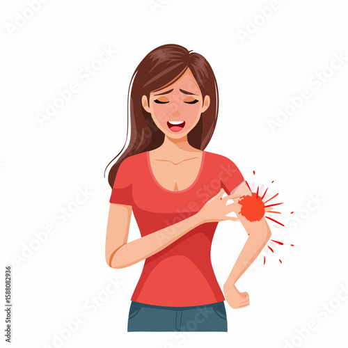 Young Woman Scratching Red Itchy Rash on Arm Vector Illustration of Skin Allergy