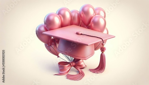 pink balloons tied to a GRAD cap Detailed tassel and hat texture