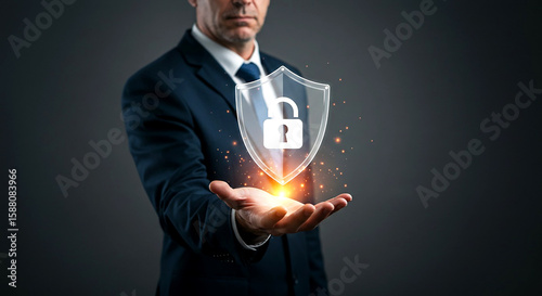 Businessman holding shield with open padlock cyber security protection concept online safety 100 char