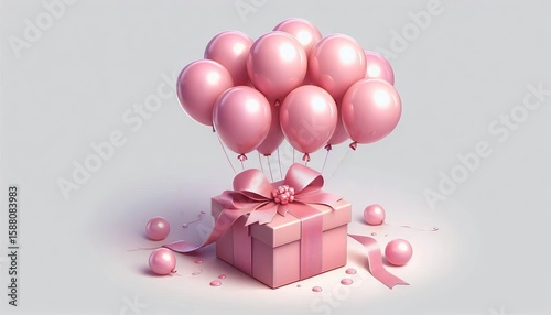 pink balloons tied to a small gift box with a bow Realistic ribb