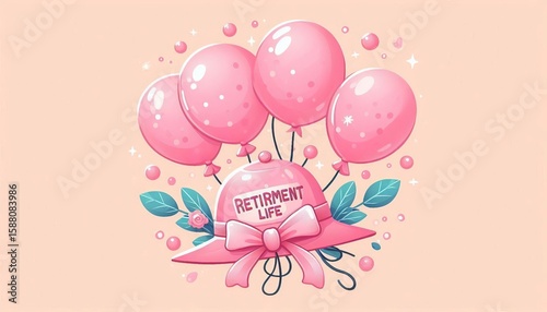 pink balloons tied to a RETIRED LIFE hat Playful design pastel p