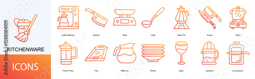 kitchenware icon collection set. Containing Coffee Machine, Butcher, Scale, Ladle, Moka Pot, Knives, Stove icon
