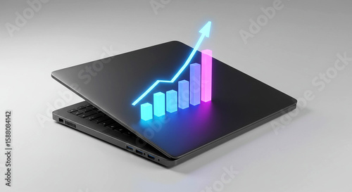 Laptop with glowing graph showing business growth and success in financial market analysis report