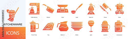 kitchenware icon collection set. Containing Coffee Machine, Butcher, Scale, Ladle, Moka Pot, Knives, Stove icon