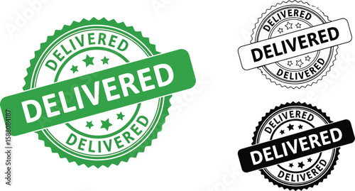 Delivered stamps in green, black and white show successful shipping and delivery.