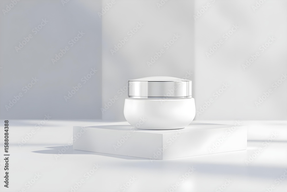 Fototapeta premium Luminous Skincare Product: A minimalist aesthetic presents a skincare jar, elegantly displayed atop a modern pedestal.