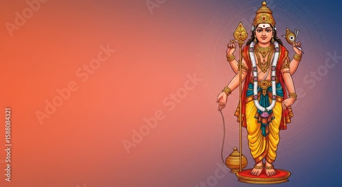 Wallpaper Mural Traditional scene of Lord Murugan blessing devotees with Vel in hand, soft divine light on coral-to-indigo gradient background Torontodigital.ca