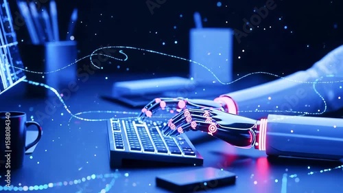 Futuristic robotic hand typing on a keyboard in a dark tech workspace with glowing data streams