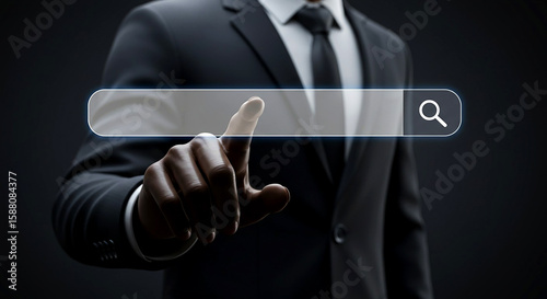 Businessman searching online using search bar and touching screen for internet information access