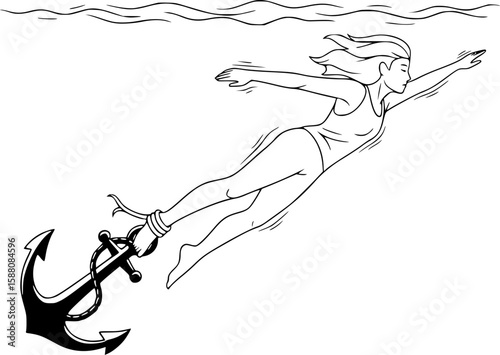 It is a metaphor for emotional despair and a heavy burden. The person tries to swim, but the anchor attached to their leg drags them to the bottom, symbolizing an unbearable weight.