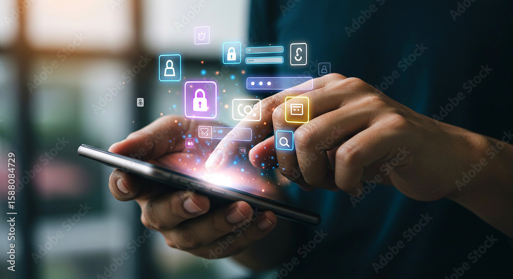 Mobile security concept person using smartphone with data privacy and protection icons overlayed on screen Mobile security concept person using smartphone with data privacy and protection icons overlayed on screen