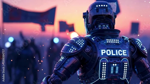 Futuristic robotic police officer stands watch over a crowd during a protest at sunset