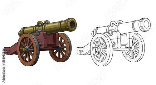 Ancient War Cannon Coloring Page for Kids One Colored and One Outline Artillery