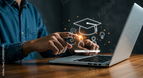 Online education learning course study from home with laptop and graduation cap concept design idea
